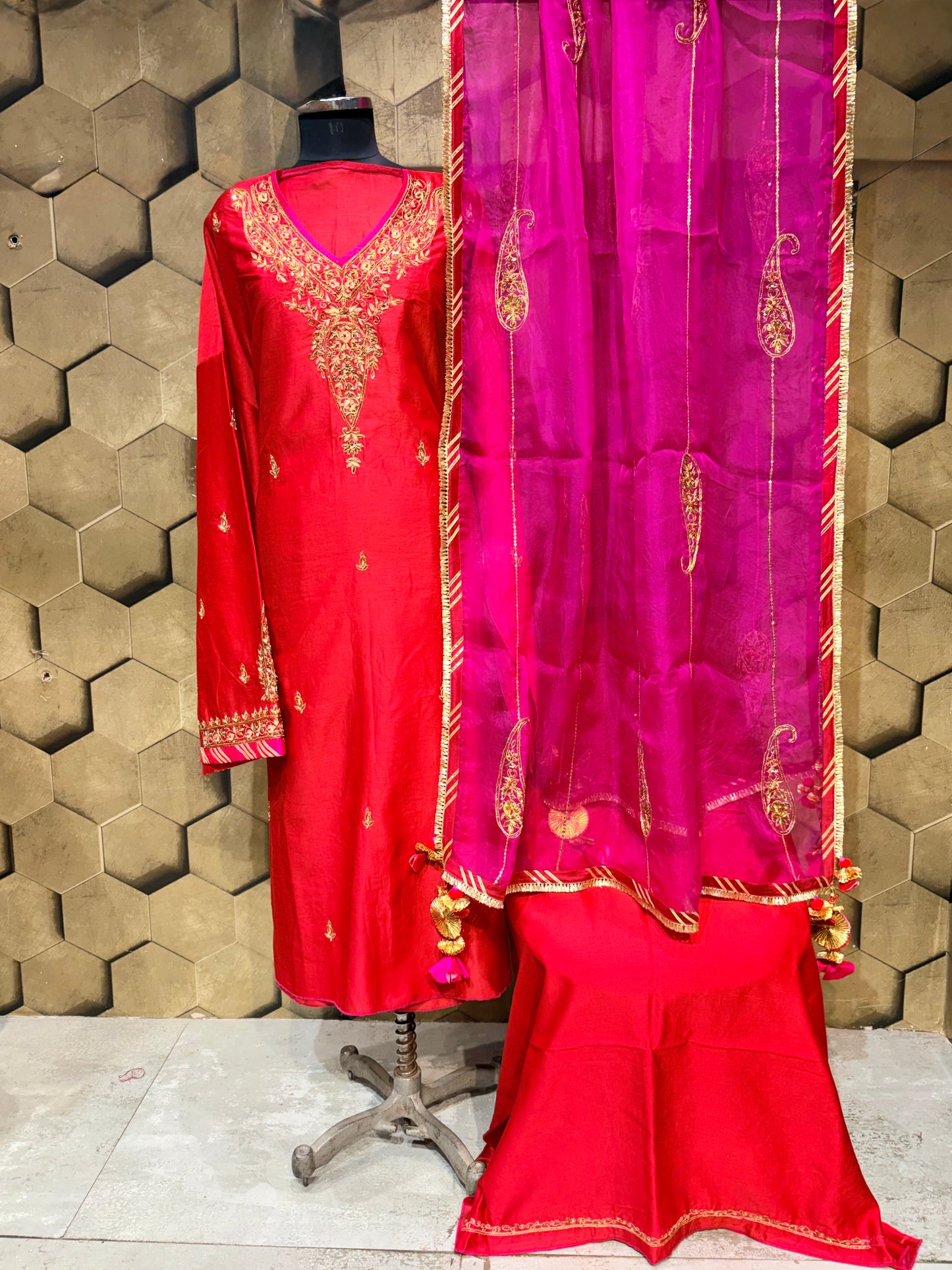 A Timeless Symphony of Red & Fuchsia in Elegant Chanderi with intricate Hand embroidery