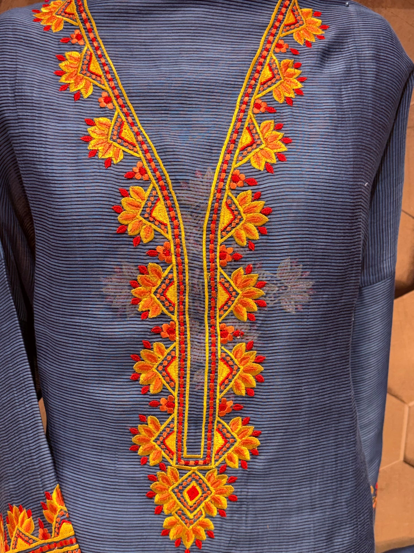 Striped Chanderi Suit Set with Resham Embroidery