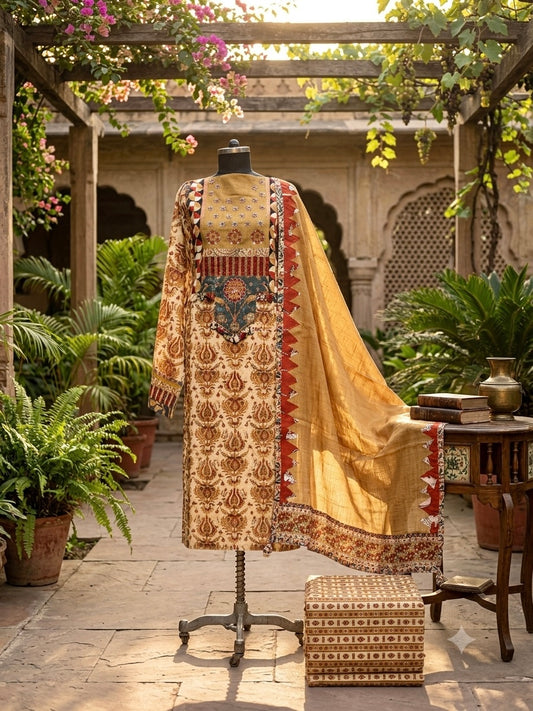 Beautiful Pure cotton handblock combination of mustard and maroon