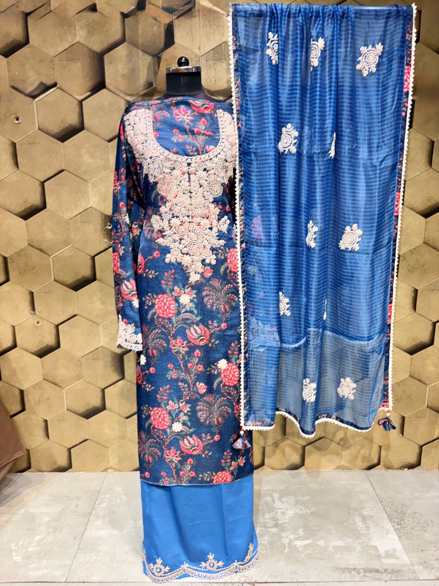 Luxurious linen satin suit set with dori embroidery