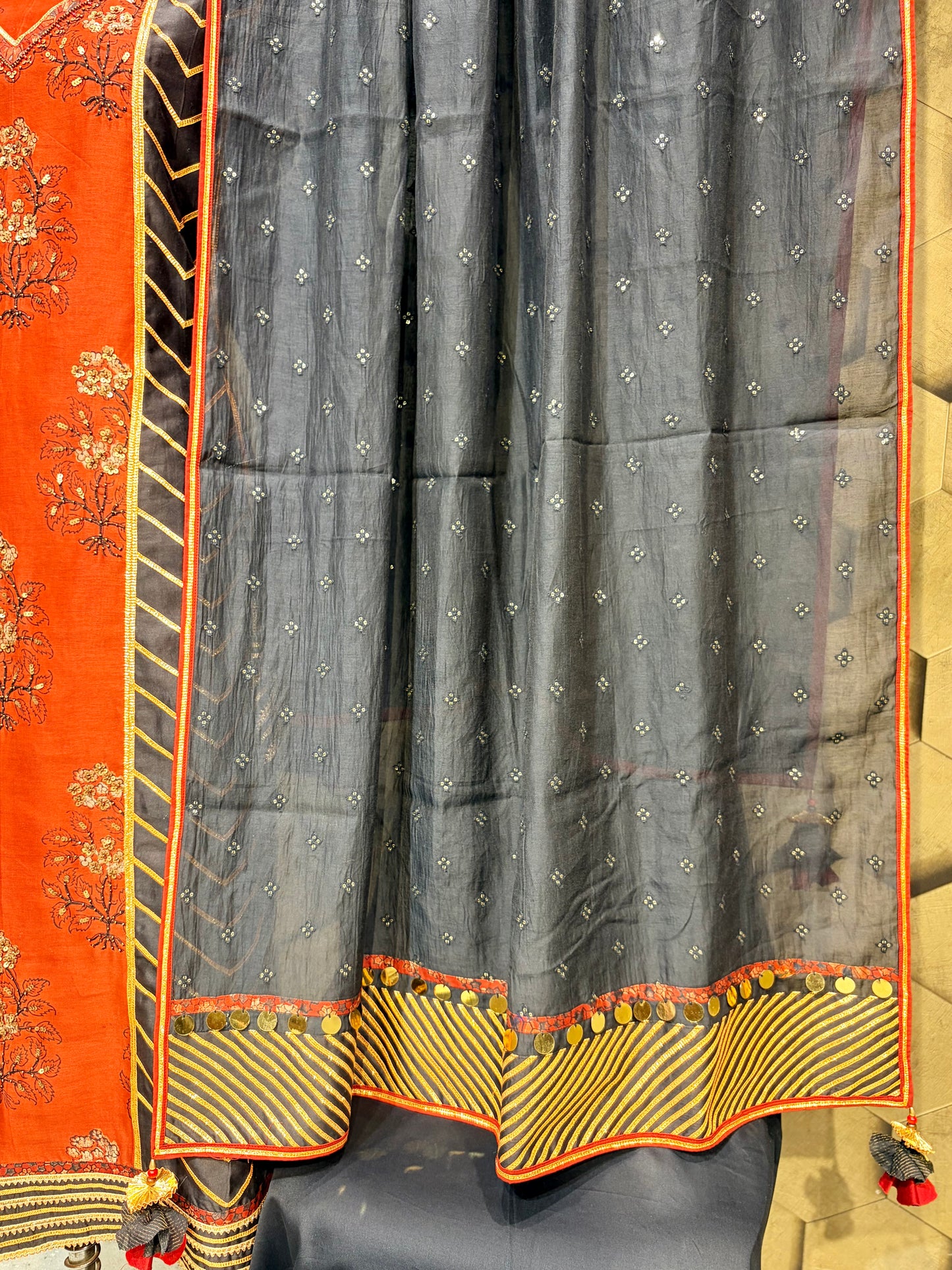 Rich Ajrakh block print Chanderi suit set with Gotta patti with intricate Hand work embroidery
