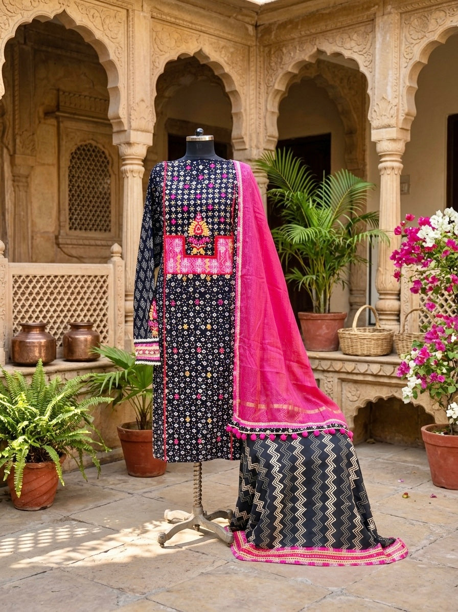 BLACK Beauty in Pure Cotton hand block with mesmerising embroidery