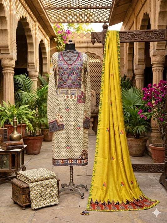Pure handblock cotton crafted with Ajrakh and Dabu patchwork