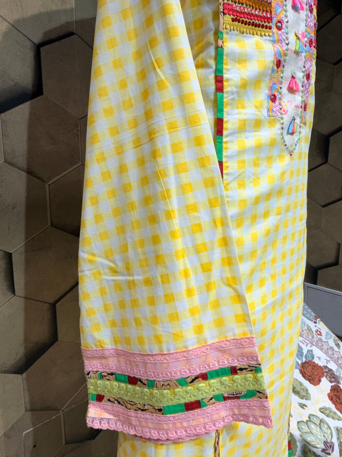 Beautiful pure cotton co-ord set in vibrant yellow and white checks