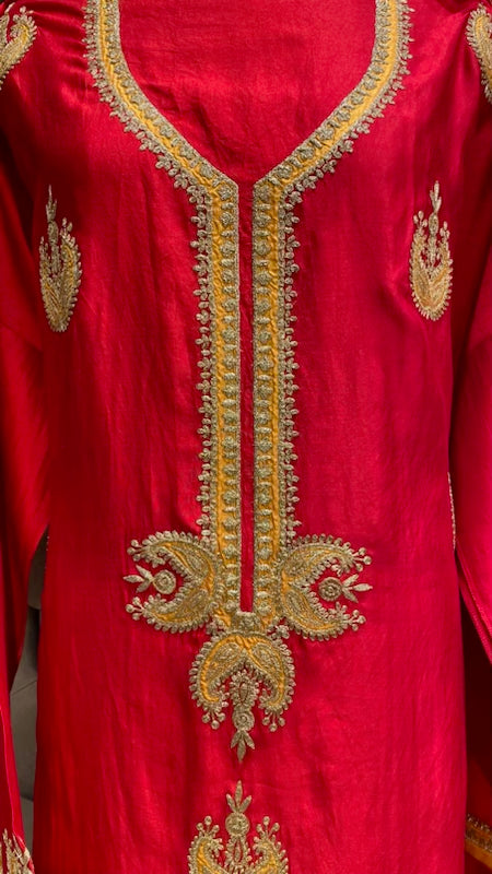 Red and mustard combo in katan silk