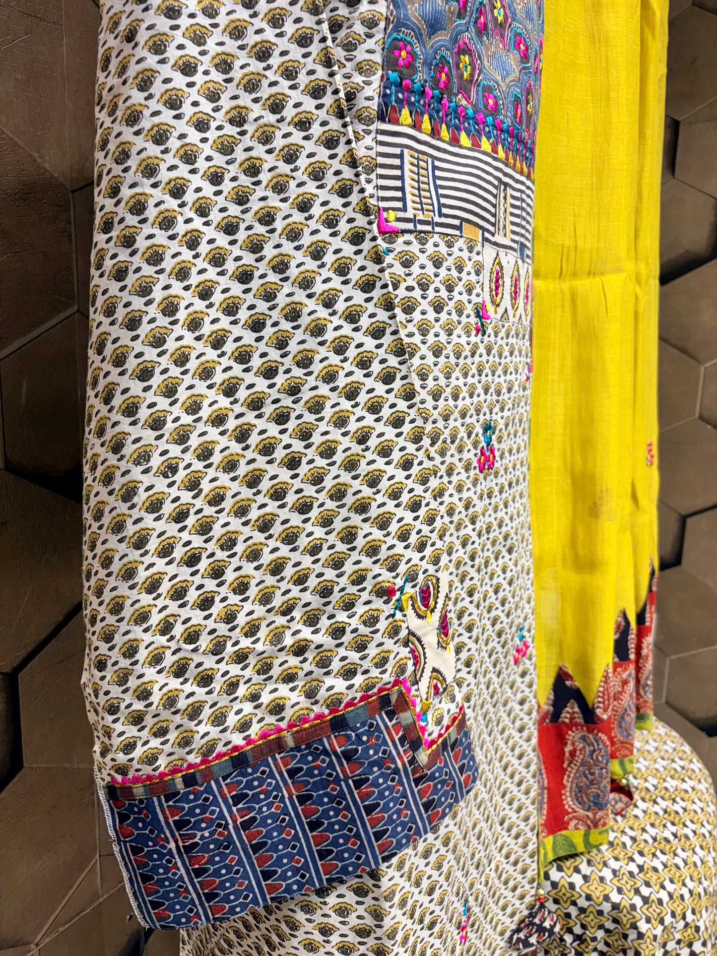 Pure handblock cotton crafted with Ajrakh and Dabu patchwork