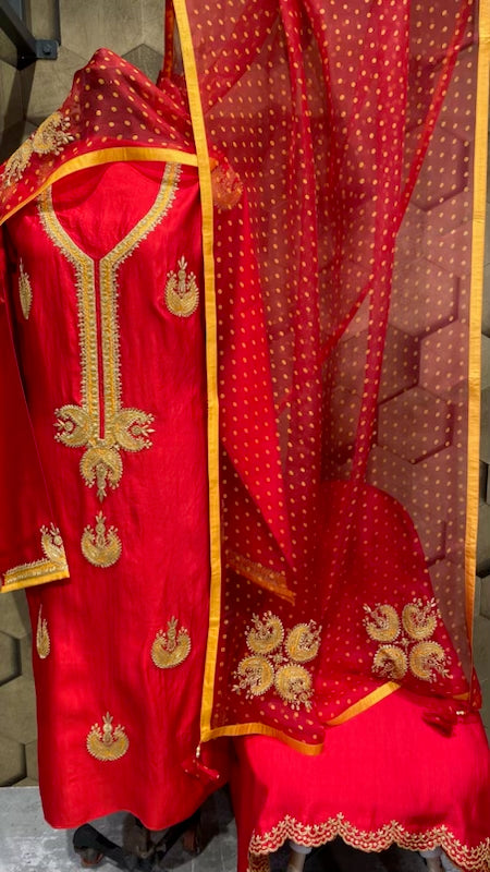 Red and mustard combo in katan silk