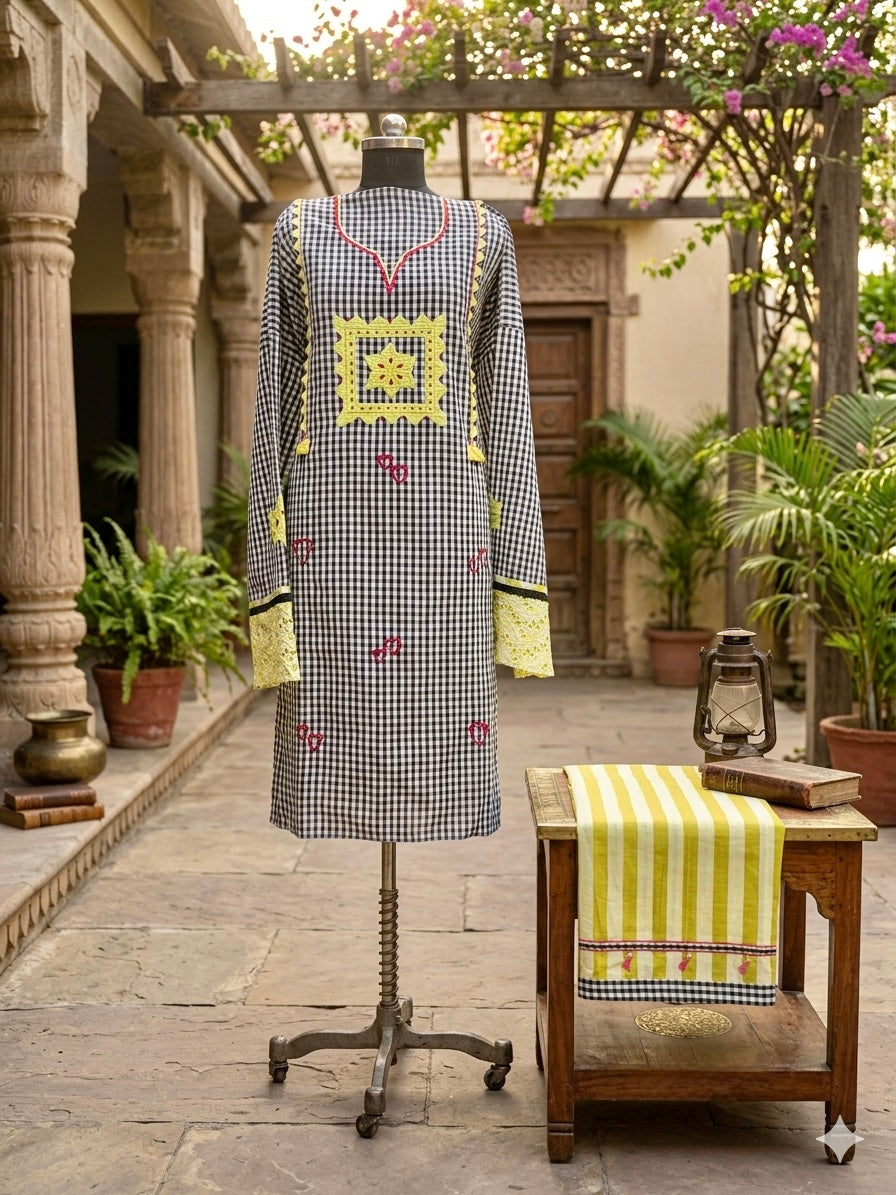 Elegant pure cotton co-ord set in a timeless black and white checkered pattern