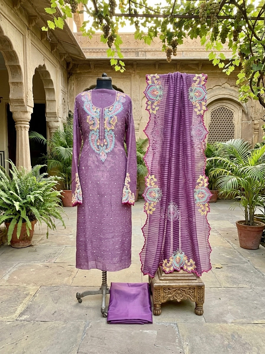 Exclusive handcrafted ensemble in Mul Chanderi with multi coloured embroidery