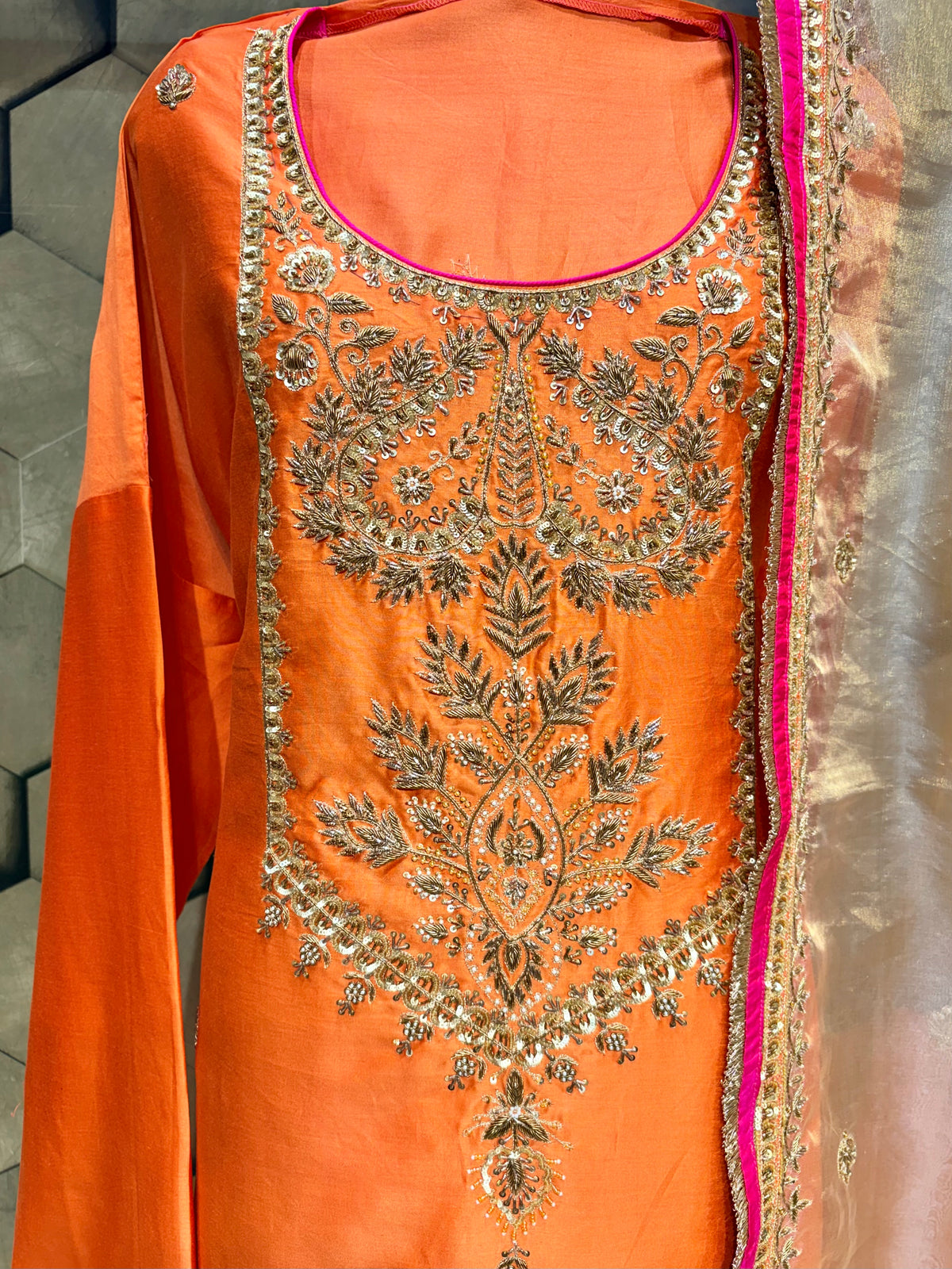 Pure Chanderi Orange & Fuchsia Festive Grandeur