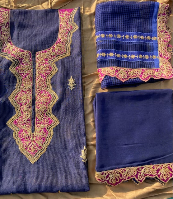 Blue chanderi outfit with organza dupatta