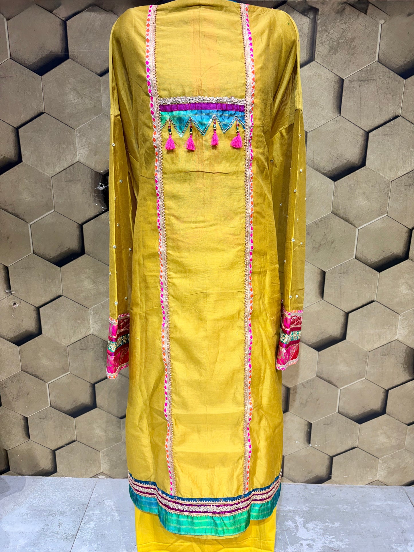 Vibrant bright mustard suit set in elegant Chanderi
