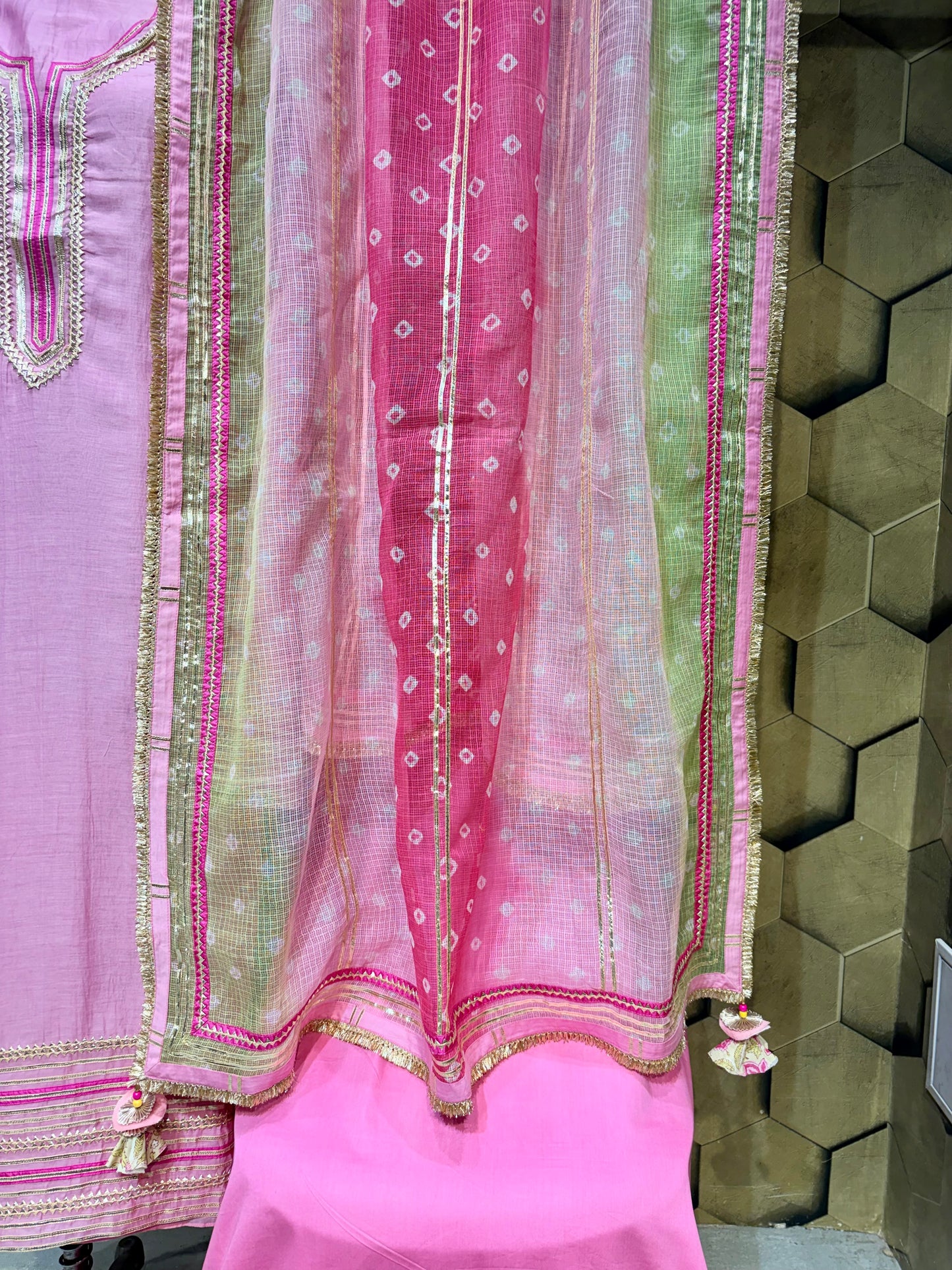 Graceful Mul Chanderi suit set in a beautiful muted pink hue with Laces and Gotta detailings
