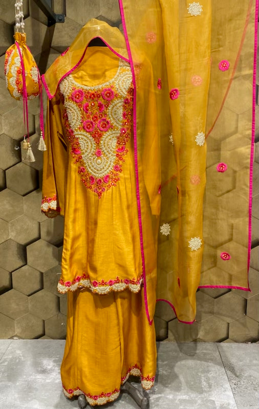 Classy and elegant embroidery outfit in mustard