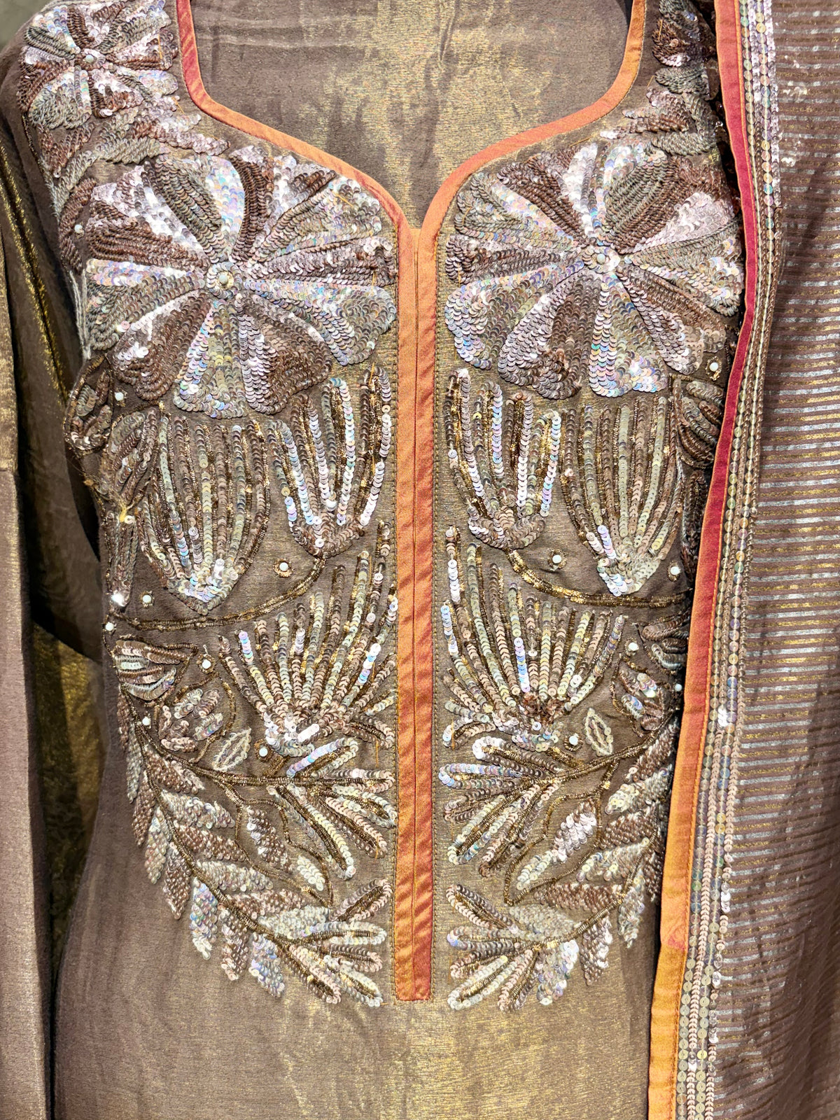 Copper Bronze Tissue Ensemble with Elegant Hand embroidery