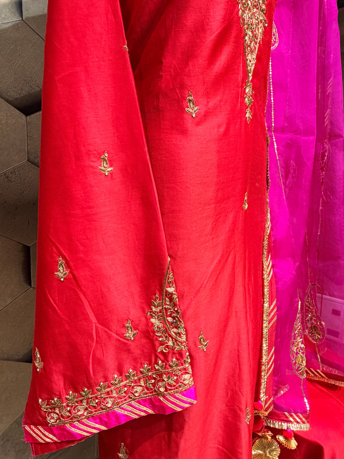 A Timeless Symphony of Red & Fuchsia in Elegant Chanderi with intricate Hand embroidery