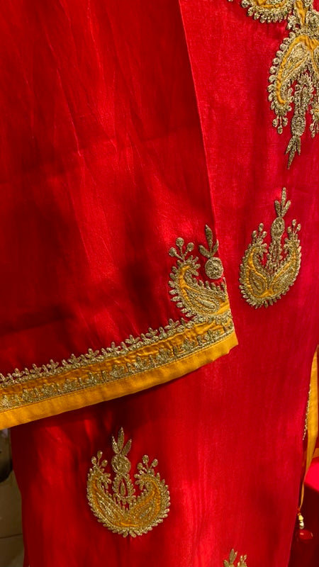 Red and mustard combo in katan silk