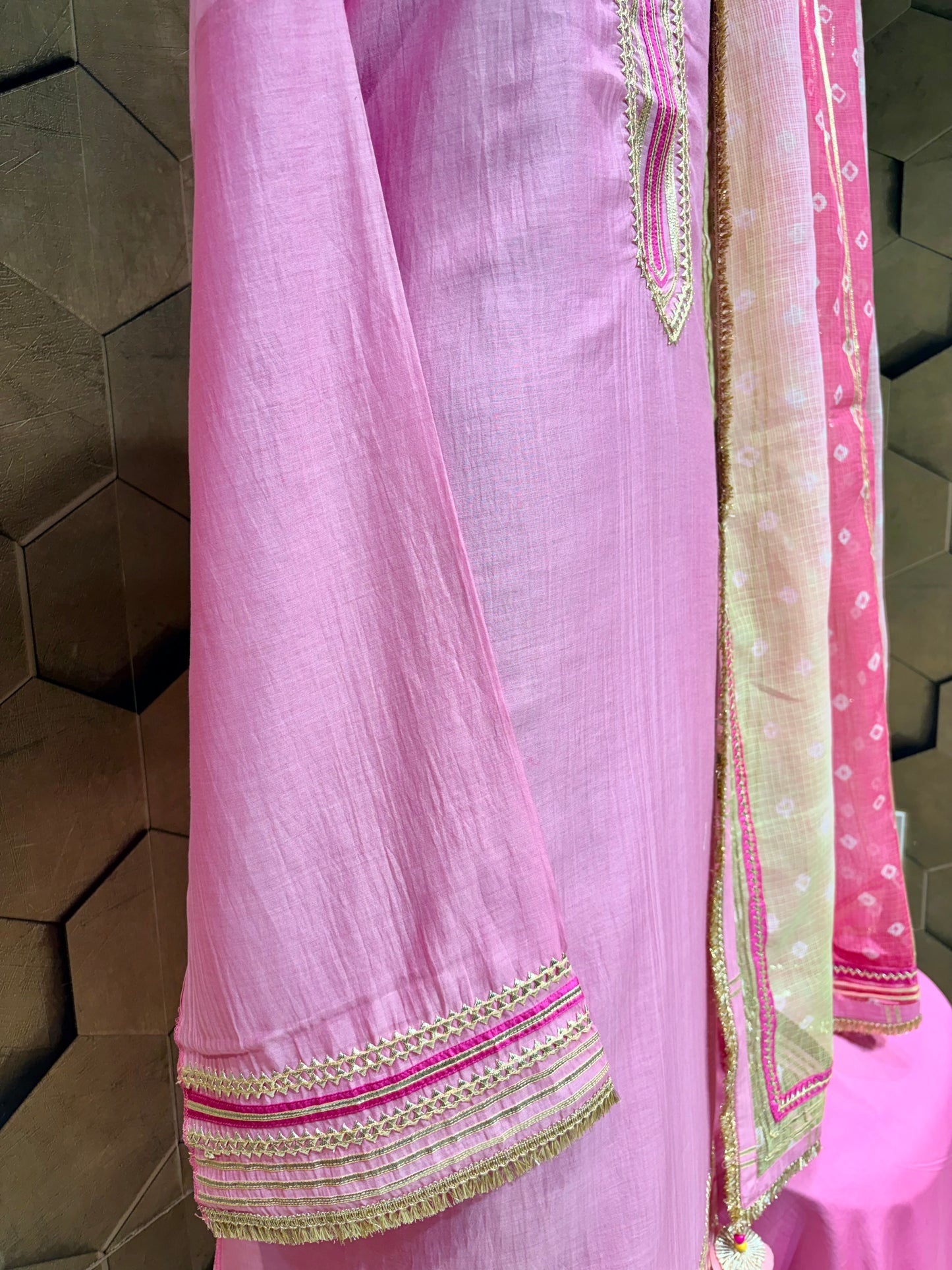 Graceful Mul Chanderi suit set in a beautiful muted pink hue with Laces and Gotta detailings