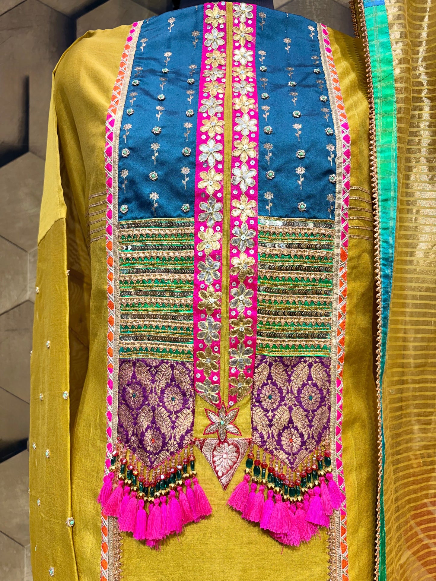 Vibrant bright mustard suit set in elegant Chanderi