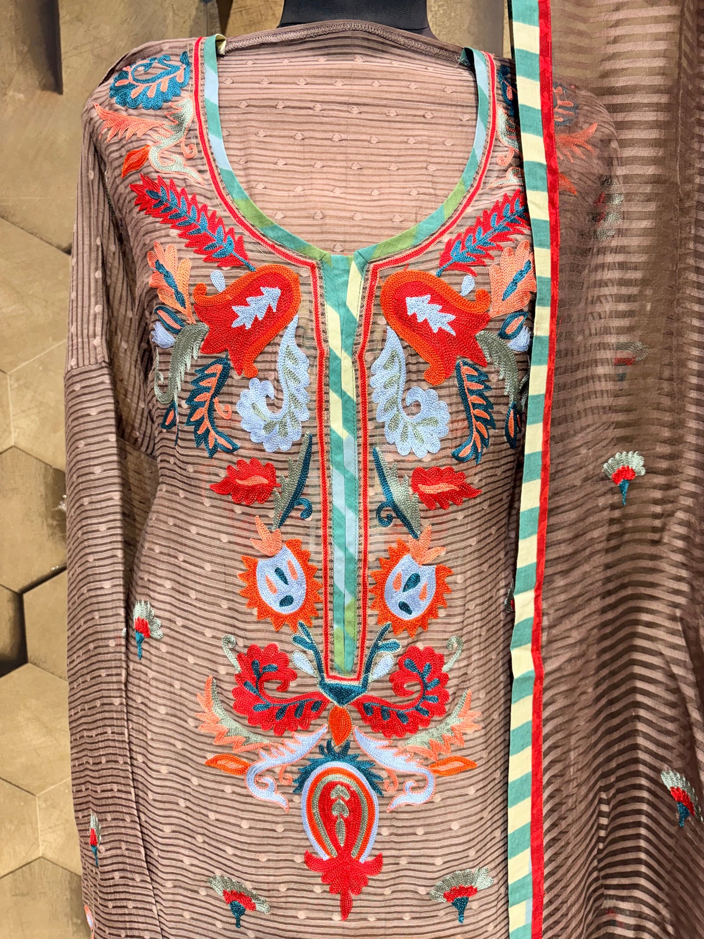 A graceful Mouse shade outfit in Mul Chanderi