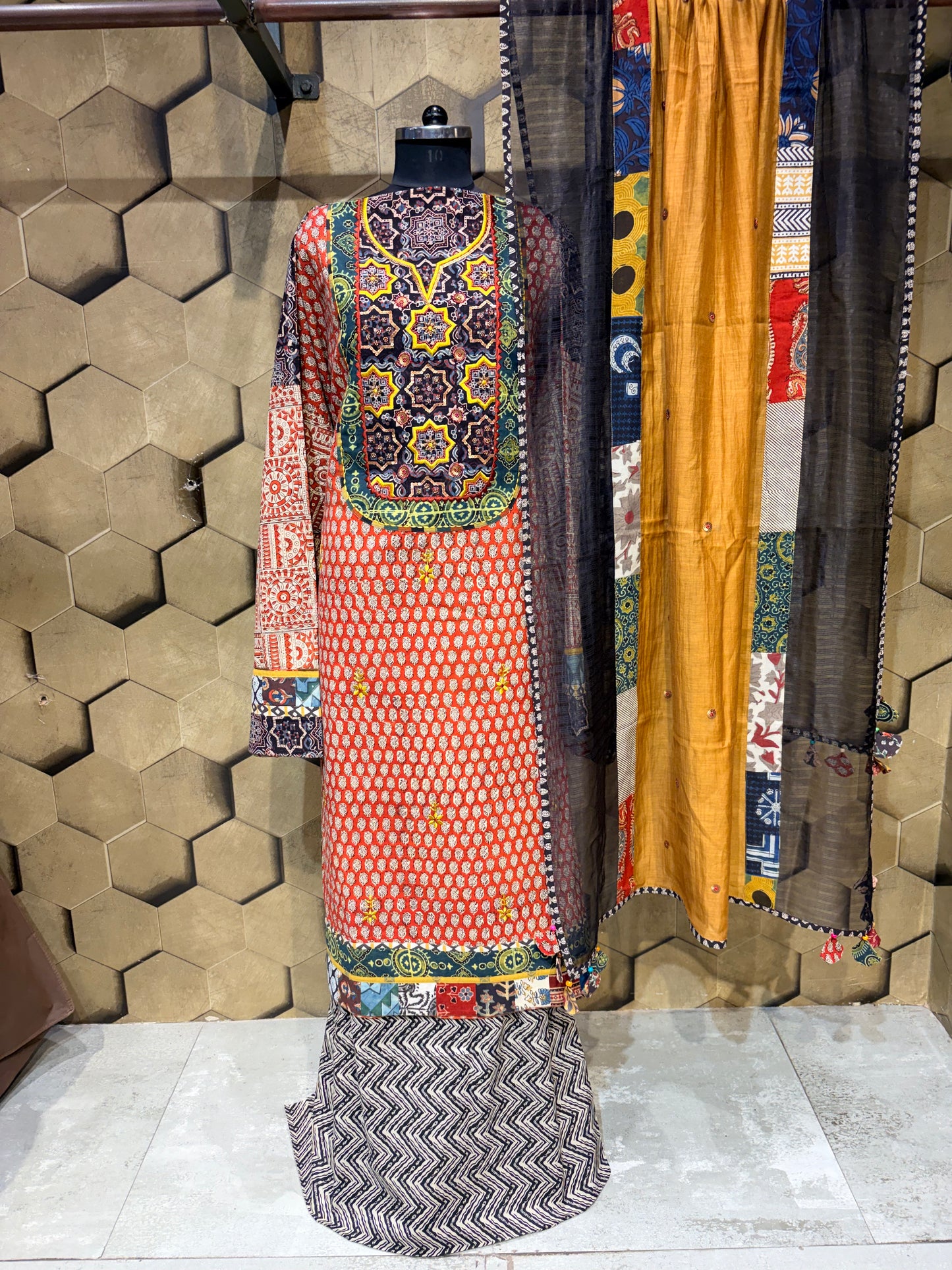 Pure cotton hand-block Dabu print suit set in a rich dark rust-maroon hue