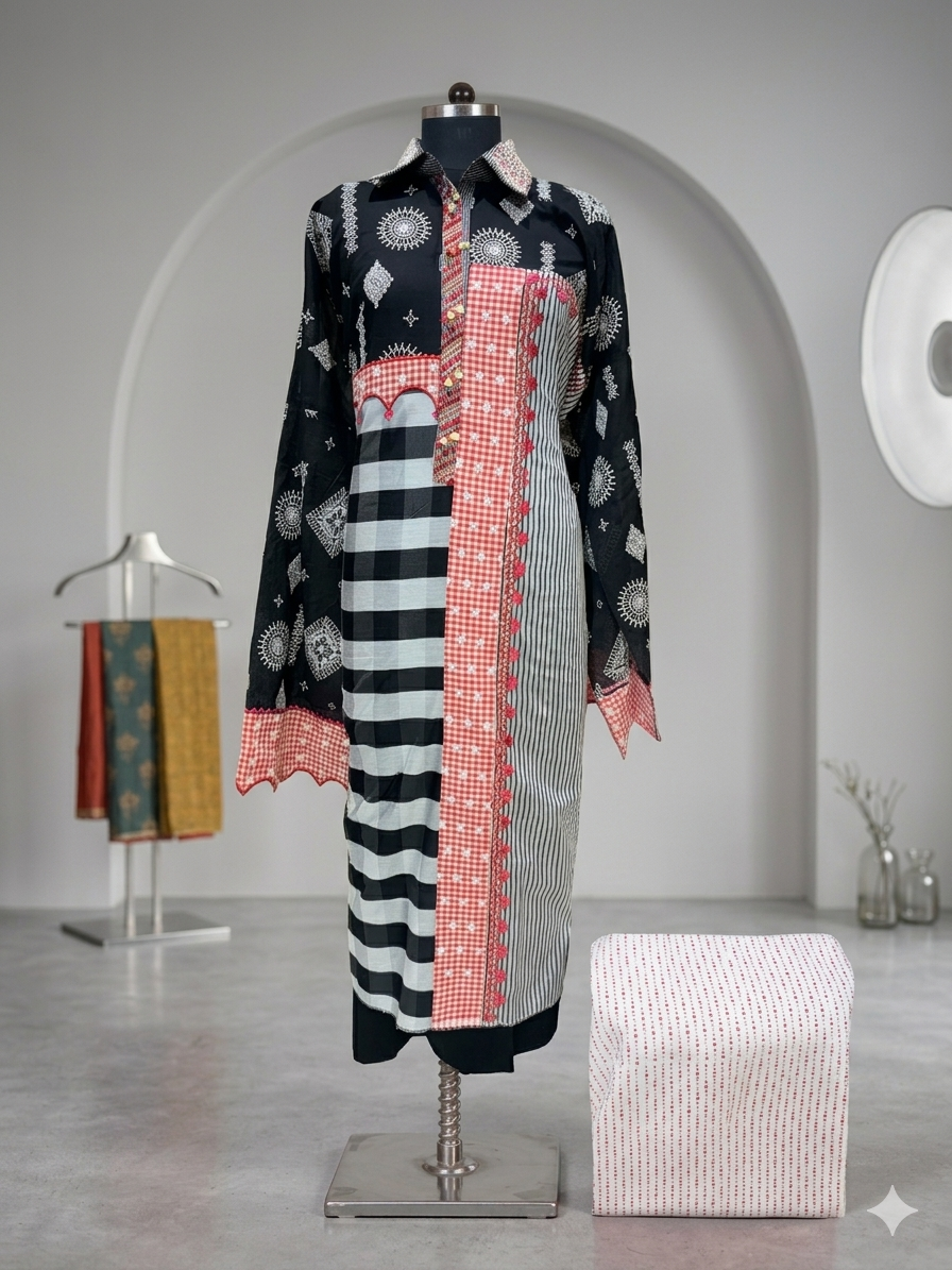 Luxurious Chanderi Coord set in stripes and checks
