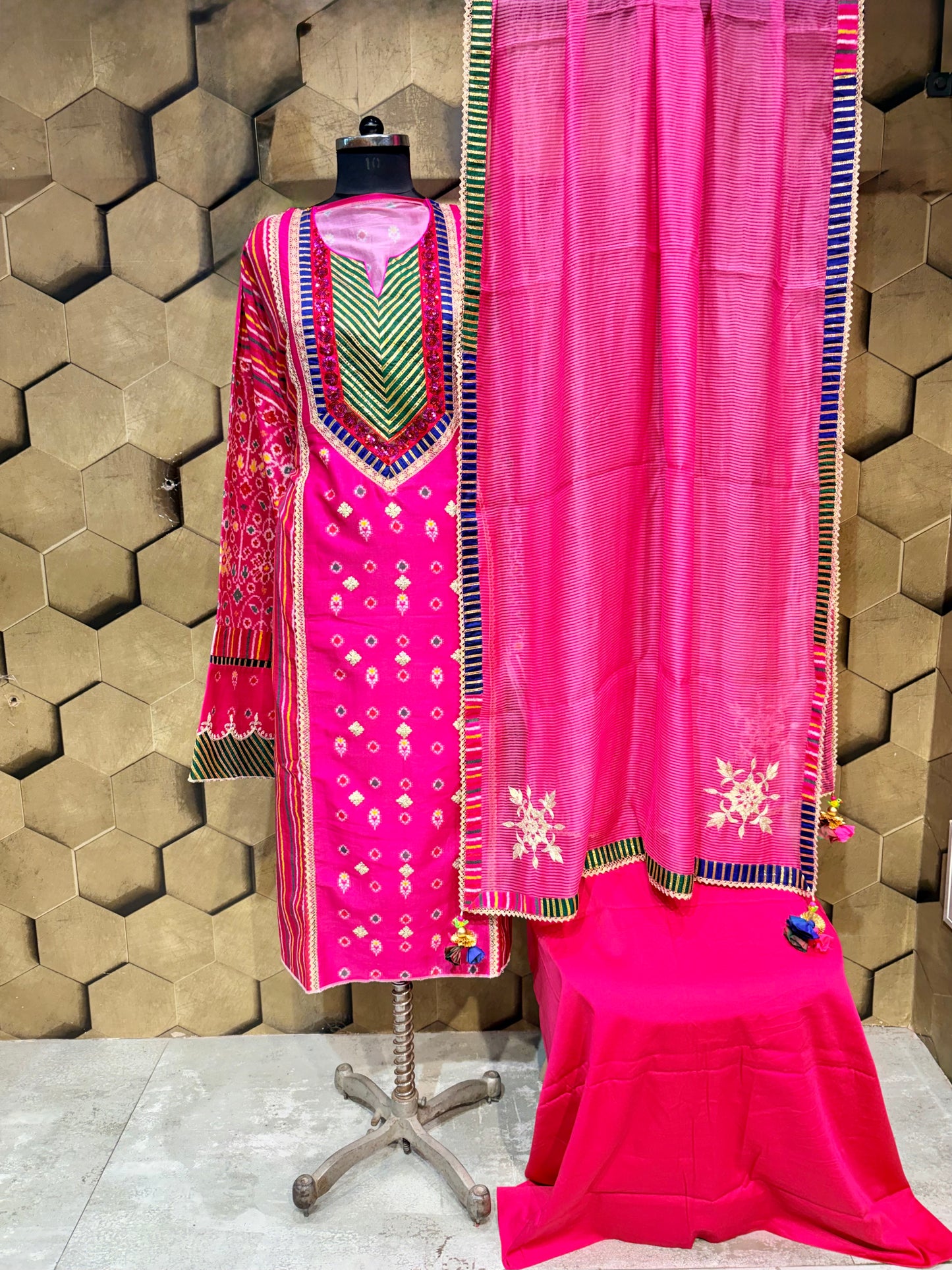 Vibrant and beautiful Pure Chanderi suit set in bright fuchsia Patola print