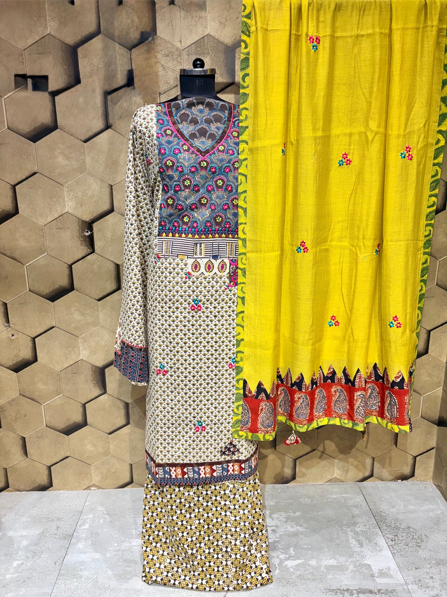 Pure handblock cotton crafted with Ajrakh and Dabu patchwork