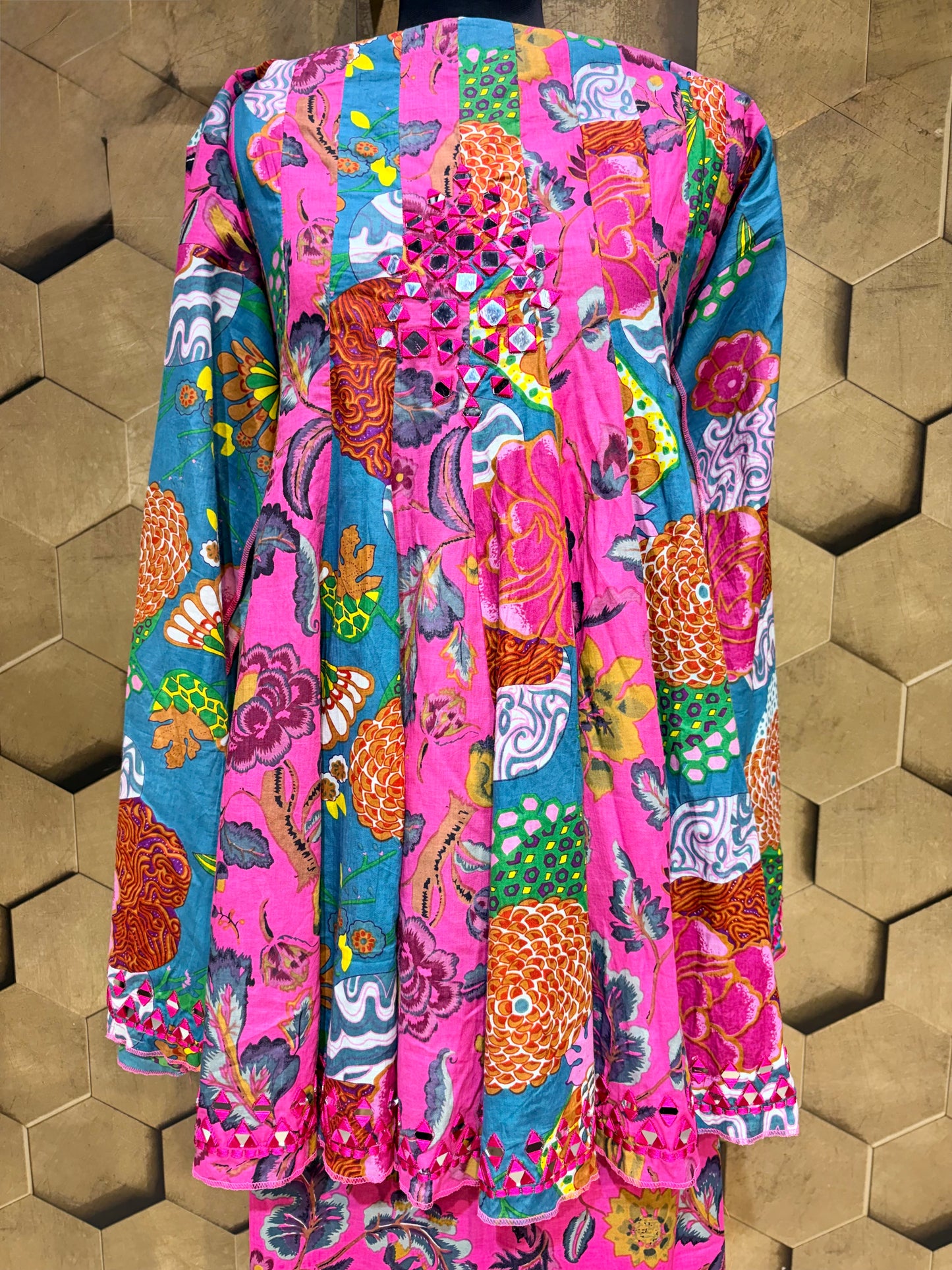 Pink & Teal Mirrorwork Anarkali in Pure Cotton