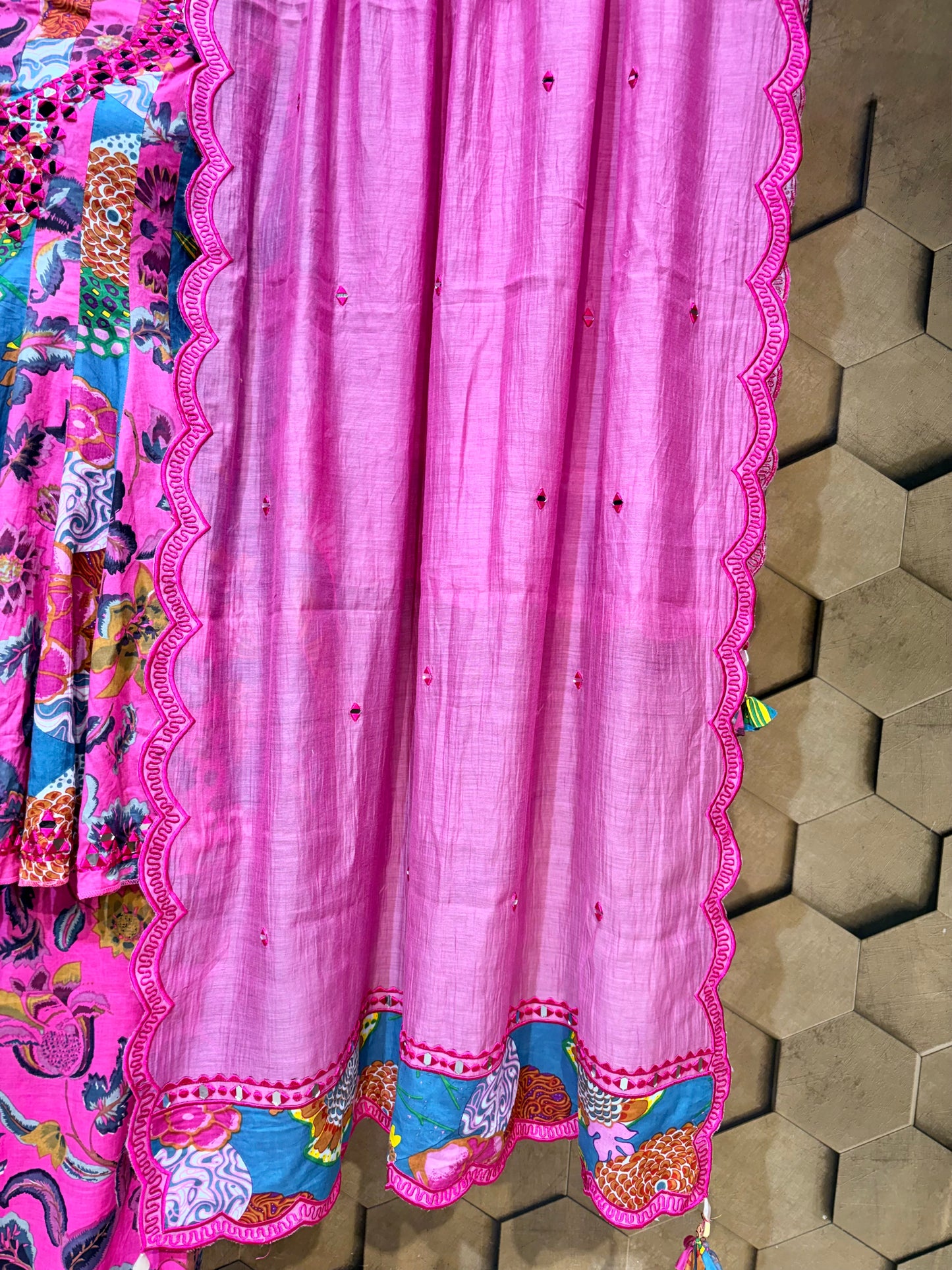 Pink & Teal Mirrorwork Anarkali in Pure Cotton