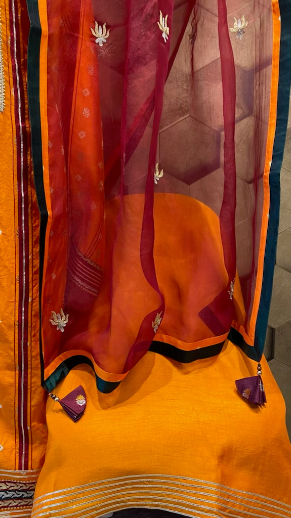 Pure Silk bandhini outfit with contrast dupatta