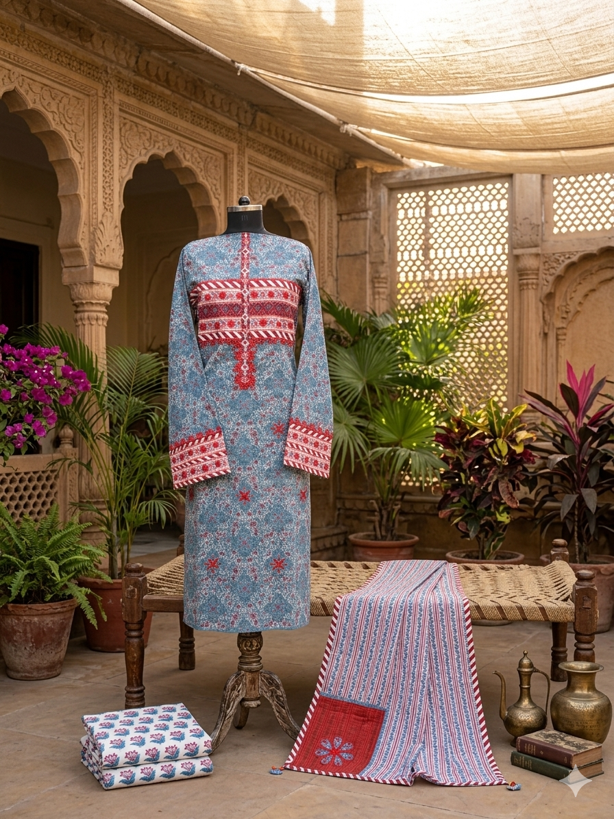 Pure Cotton suit set with resham and mirror embroidery