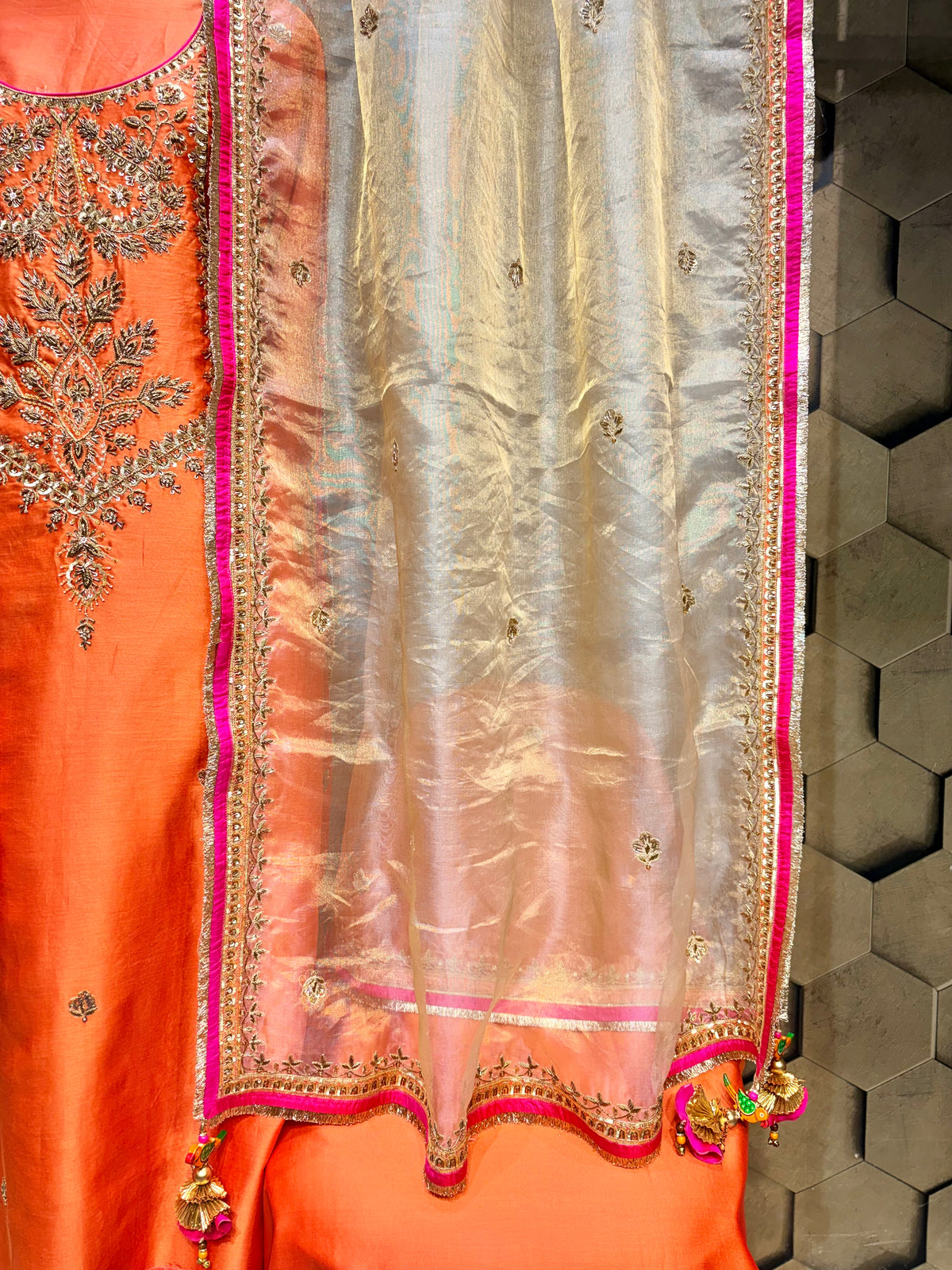 Pure Chanderi Orange & Fuchsia Festive Grandeur