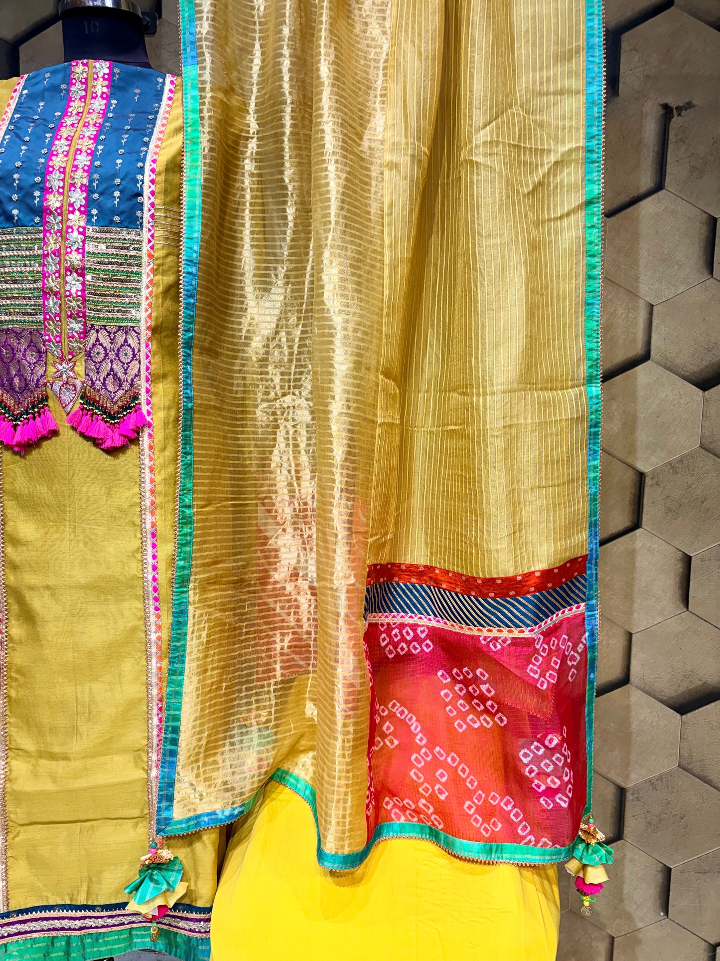 Vibrant bright mustard suit set in elegant Chanderi