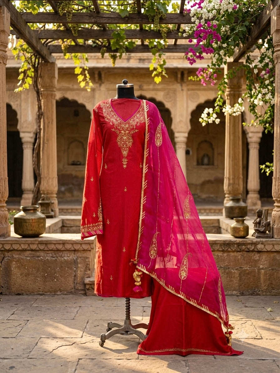 A Timeless Symphony of Red & Fuchsia in Elegant Chanderi with intricate Hand embroidery