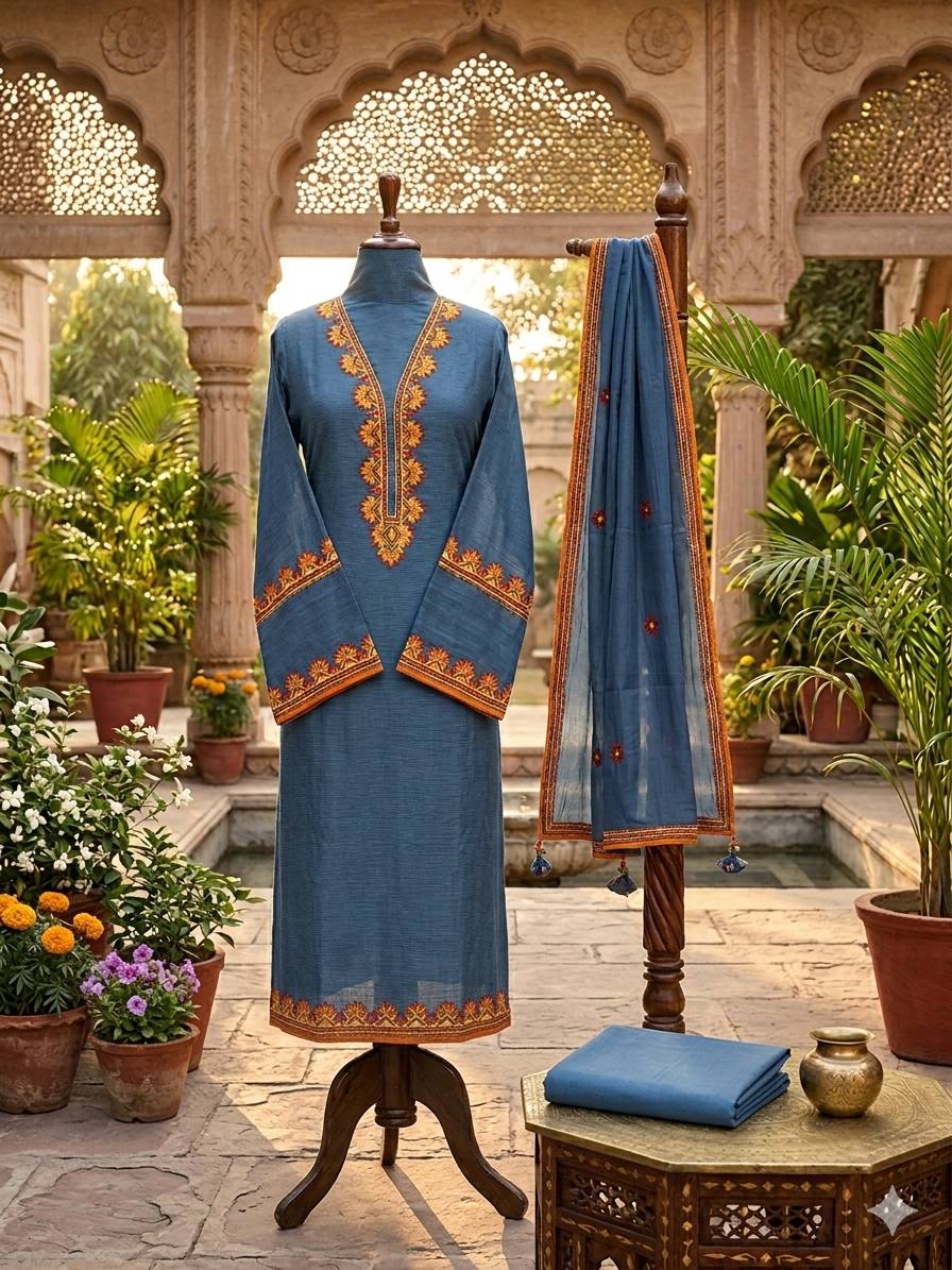 Striped Chanderi Suit Set with Resham Embroidery