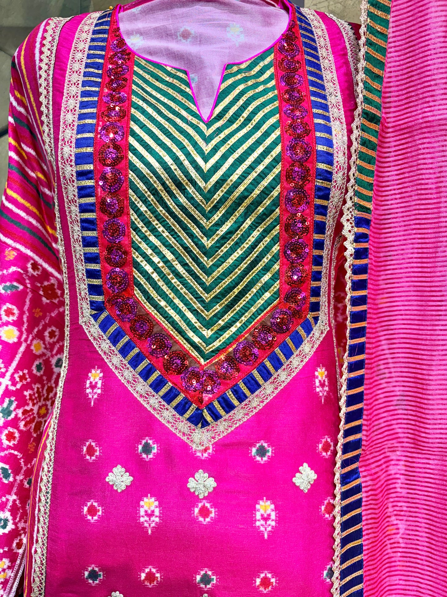 Vibrant and beautiful Pure Chanderi suit set in bright fuchsia Patola print