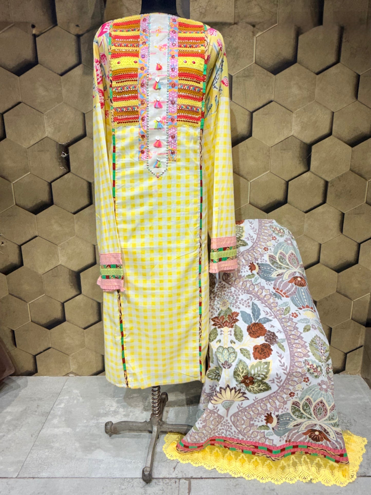 Beautiful pure cotton co-ord set in vibrant yellow and white checks
