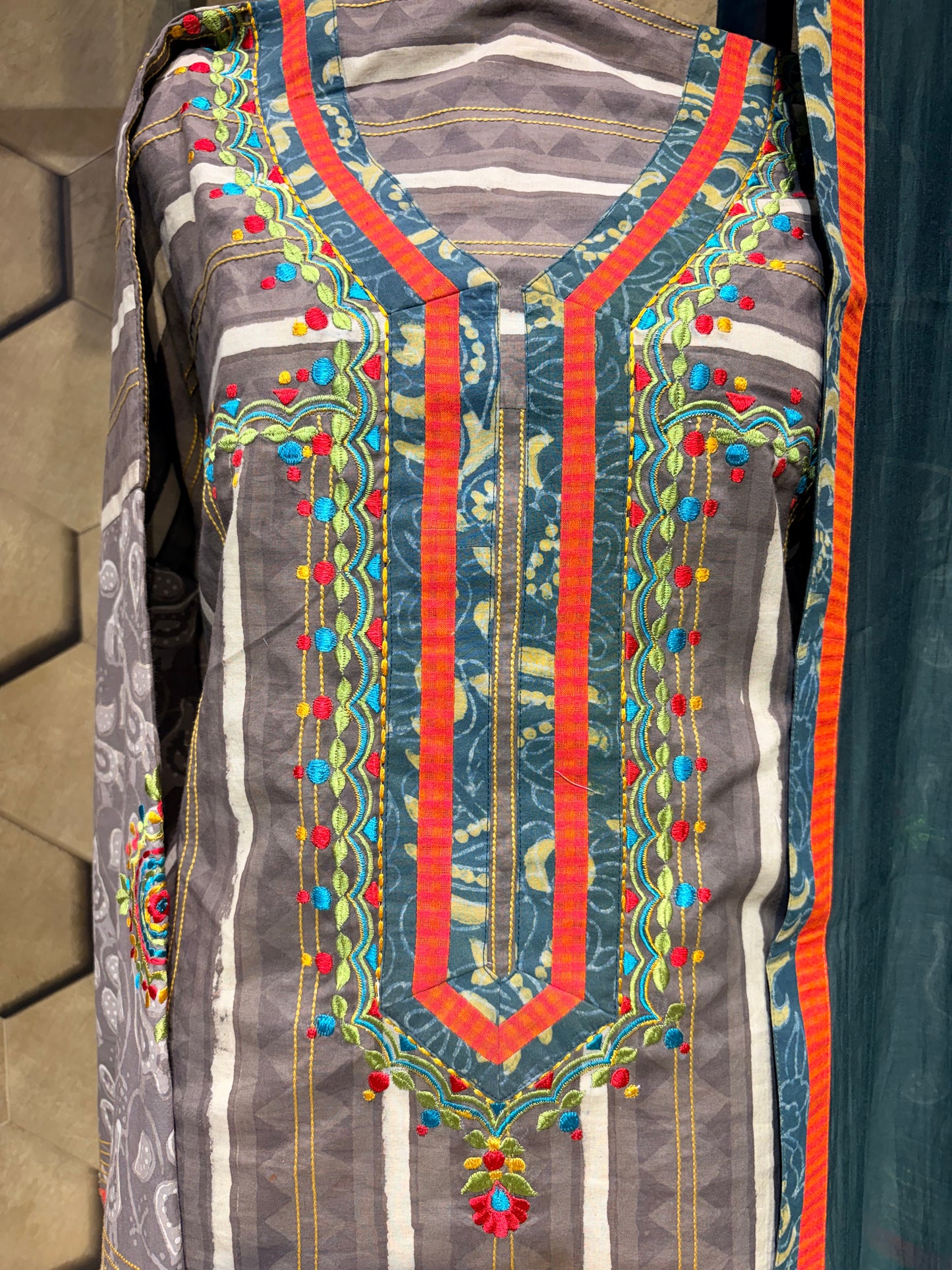 Pure cotton hand-block  suit set with a stunning hand-painted Kalamkari ghera