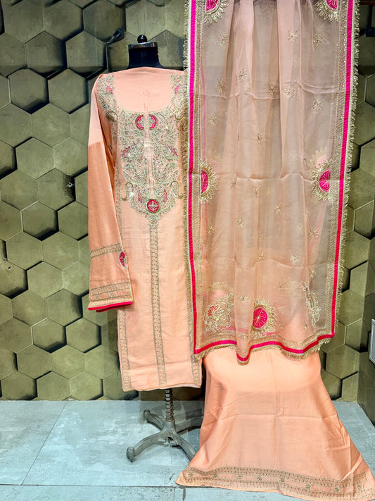 Chanderi ensemble in a soft, sophisticated peach hue with Zari embroidery