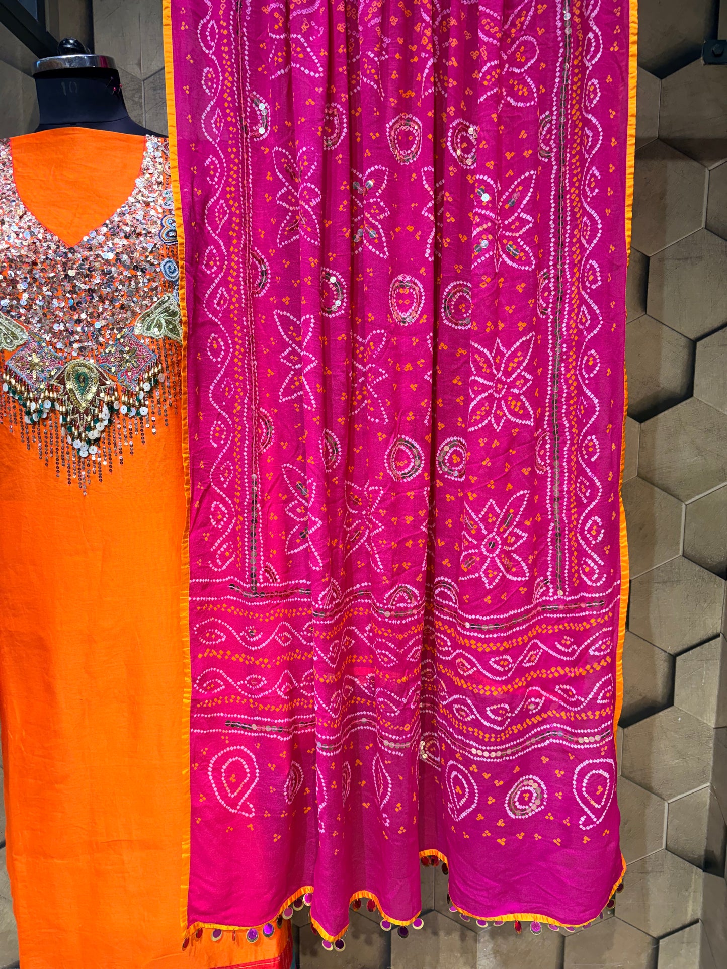 Luxurious and Vibrant Orange Pure Chanderi festive ensemble