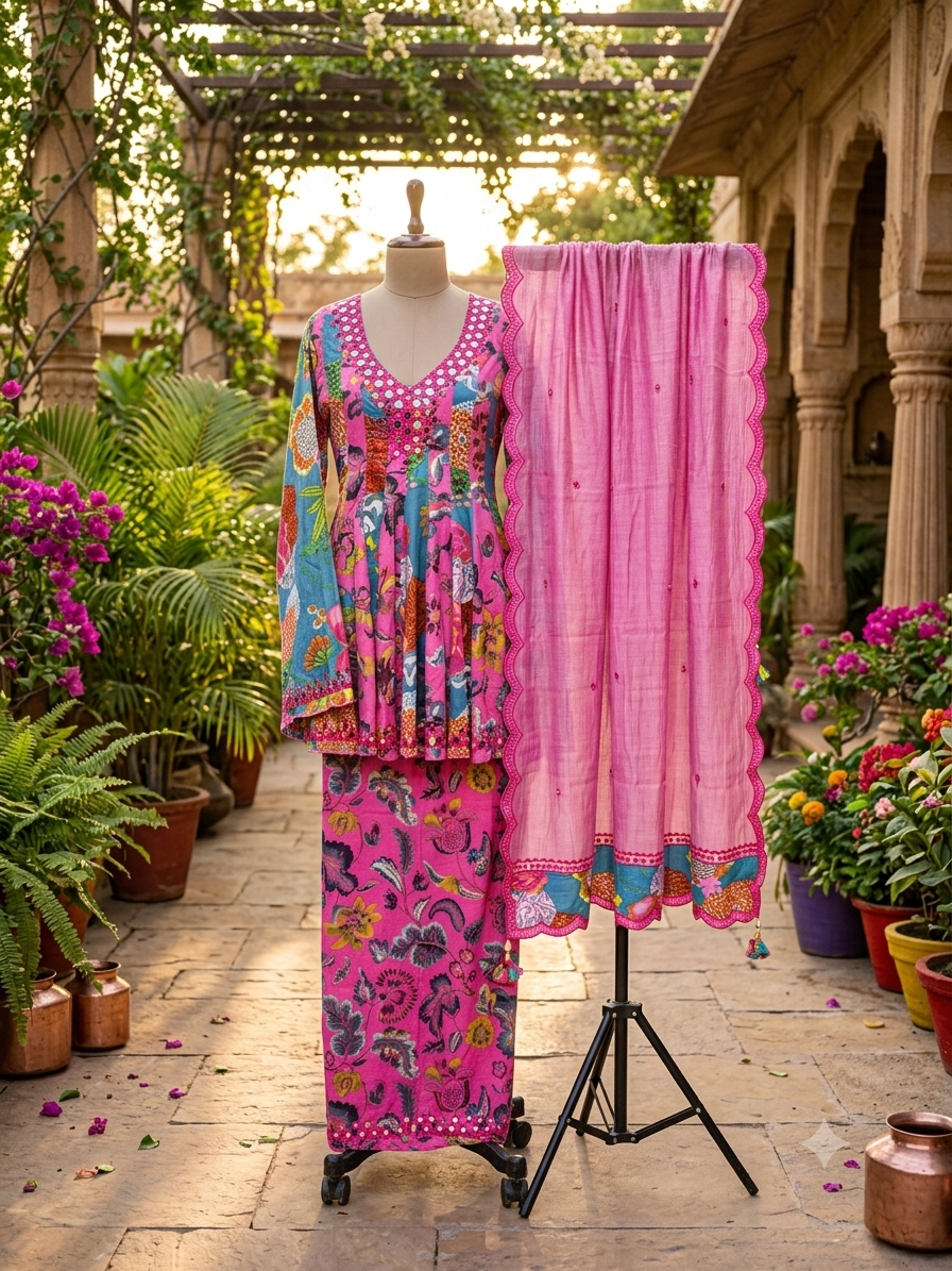 Pink & Teal Mirrorwork Anarkali in Pure Cotton