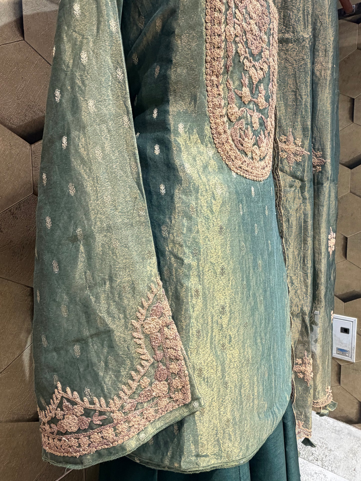 Festive elegance and timeless luxury in Emerald Green Tissue Sharara set