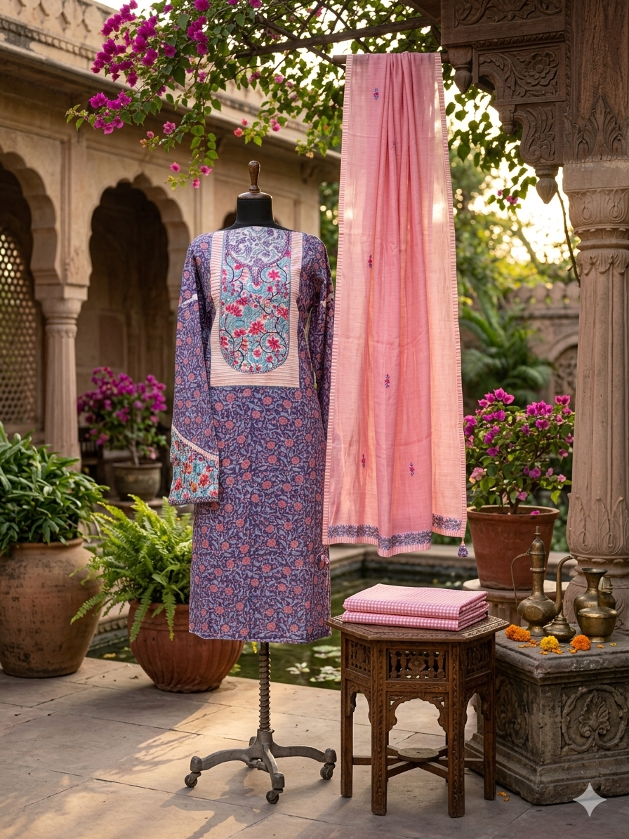 Pure Cotton Handblock with an elegant Floral pattern Suit Set