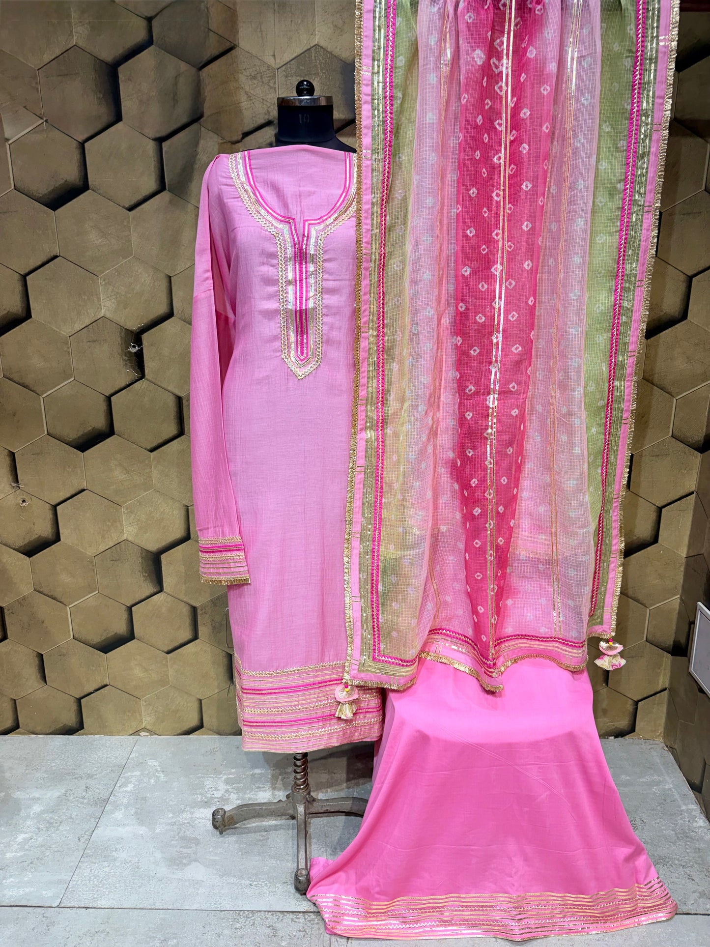 Graceful Mul Chanderi suit set in a beautiful muted pink hue with Laces and Gotta detailings