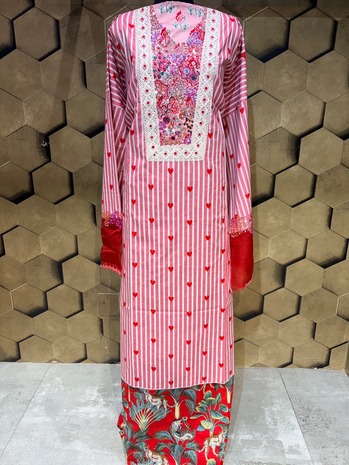 Striped Cotton Ensemble with Playful Heart Details