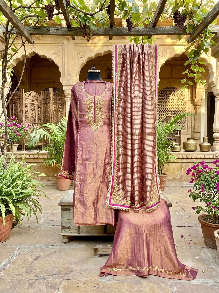 Regal Elegance in Deep Wine Pure Tissue with Hand embroidery