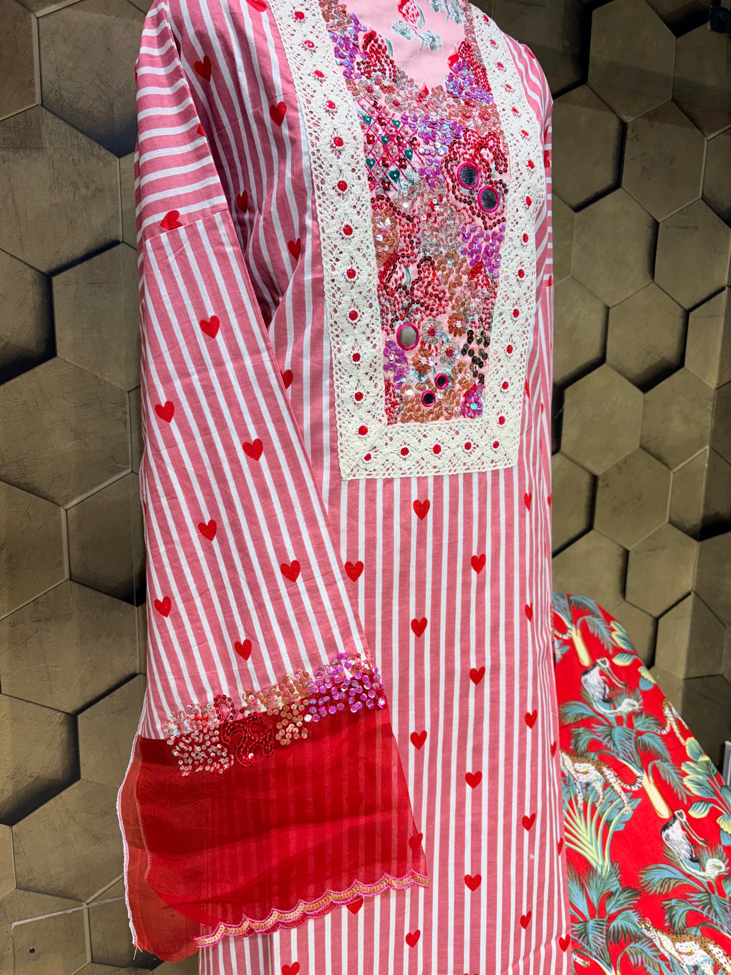 Striped Cotton Ensemble with Playful Heart Details