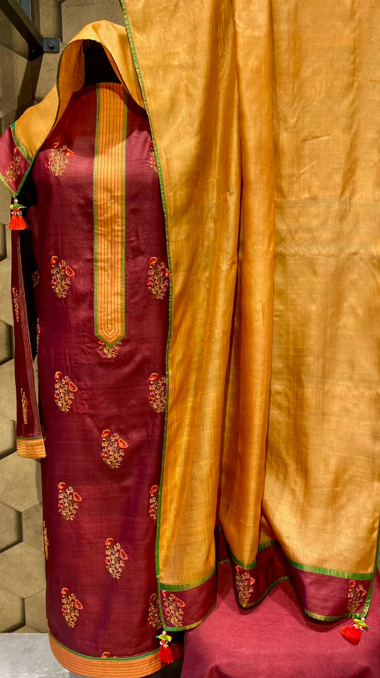 Mahroon Tussar silk embroidered outfit