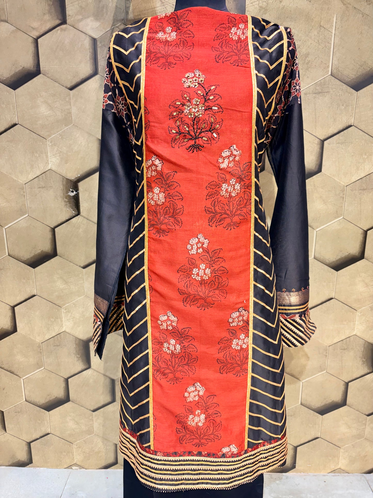 Rich Ajrakh block print Chanderi suit set with Gotta patti with intricate Hand work embroidery